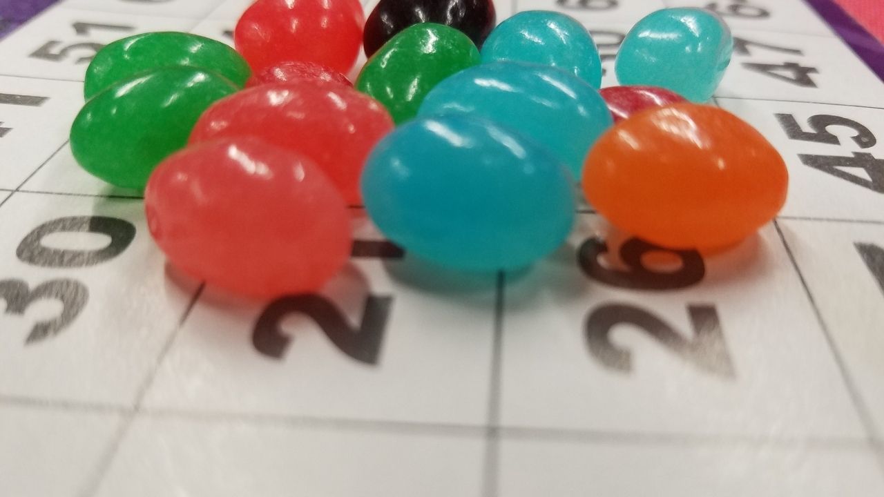 Bingo cards with snacks like candy.